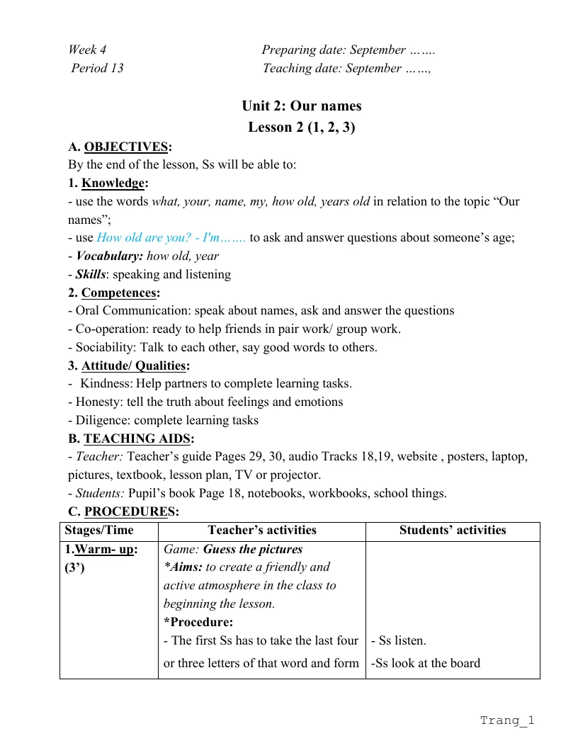 Giáo Án Tiếng Anh 3 Tuần 4