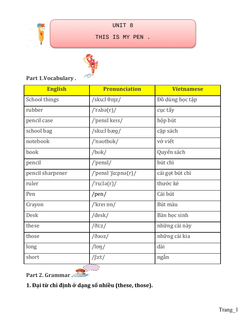 Bài Tập Chuyên Sâu Tiếng Anh 3 Unit 8 This Is My Pen