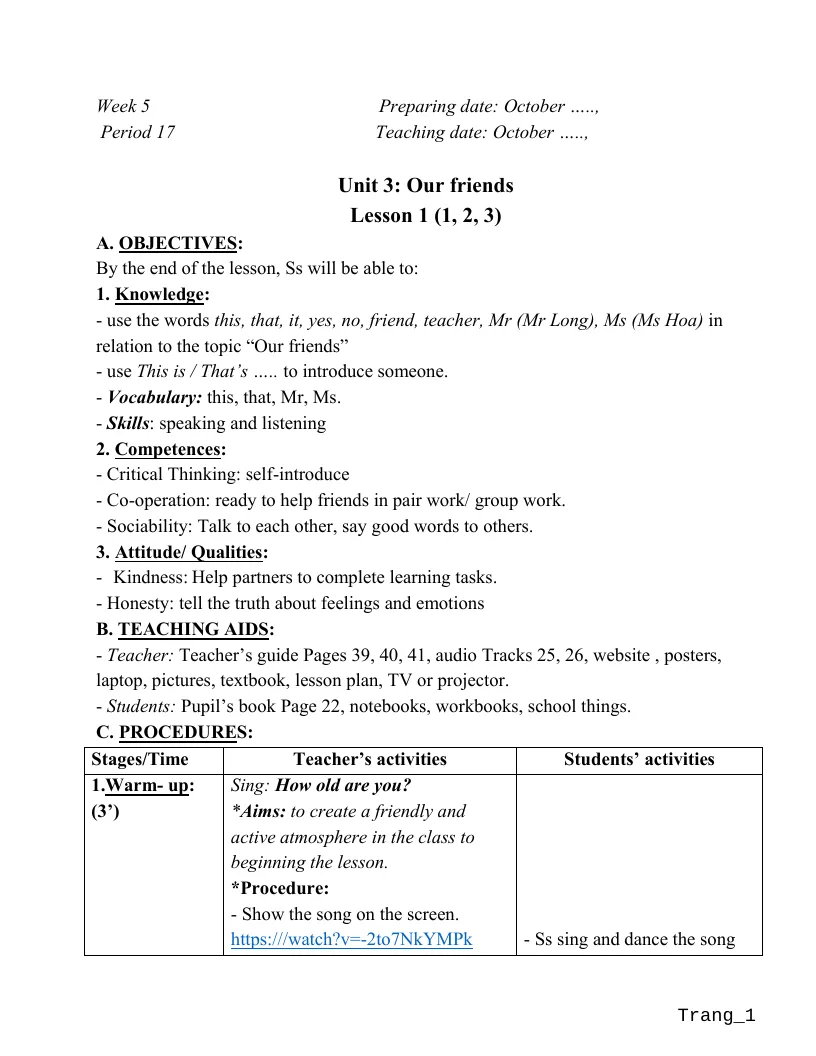Giáo Án Tiếng Anh 3 Tuần 5