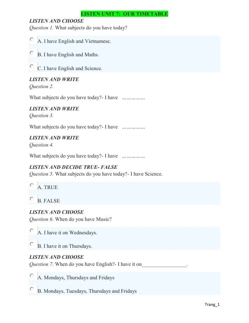 Bài Tập Luyện Nghe Anh 4 Global Unit 7 Our Timetable