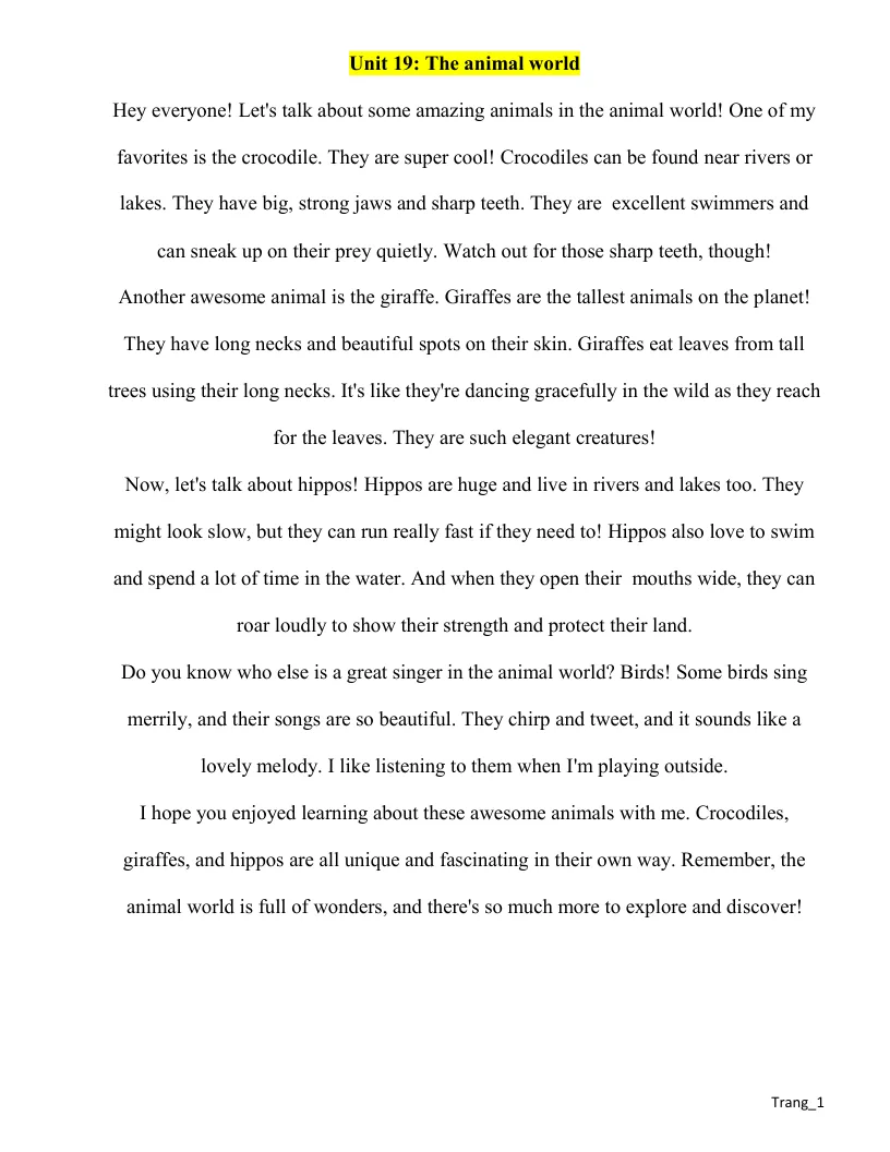 Bài Thuyết Trình Tiếng Anh 4 Global Unit 19 The Animal World Có File Nghe