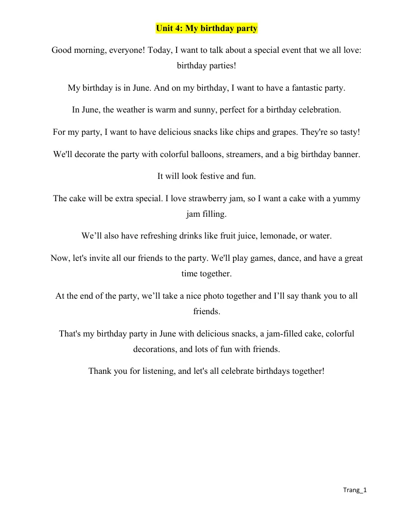 Bài Thuyết Trình Tiếng Anh 4 Global Unit 4 My Birthday Party Có File Nghe