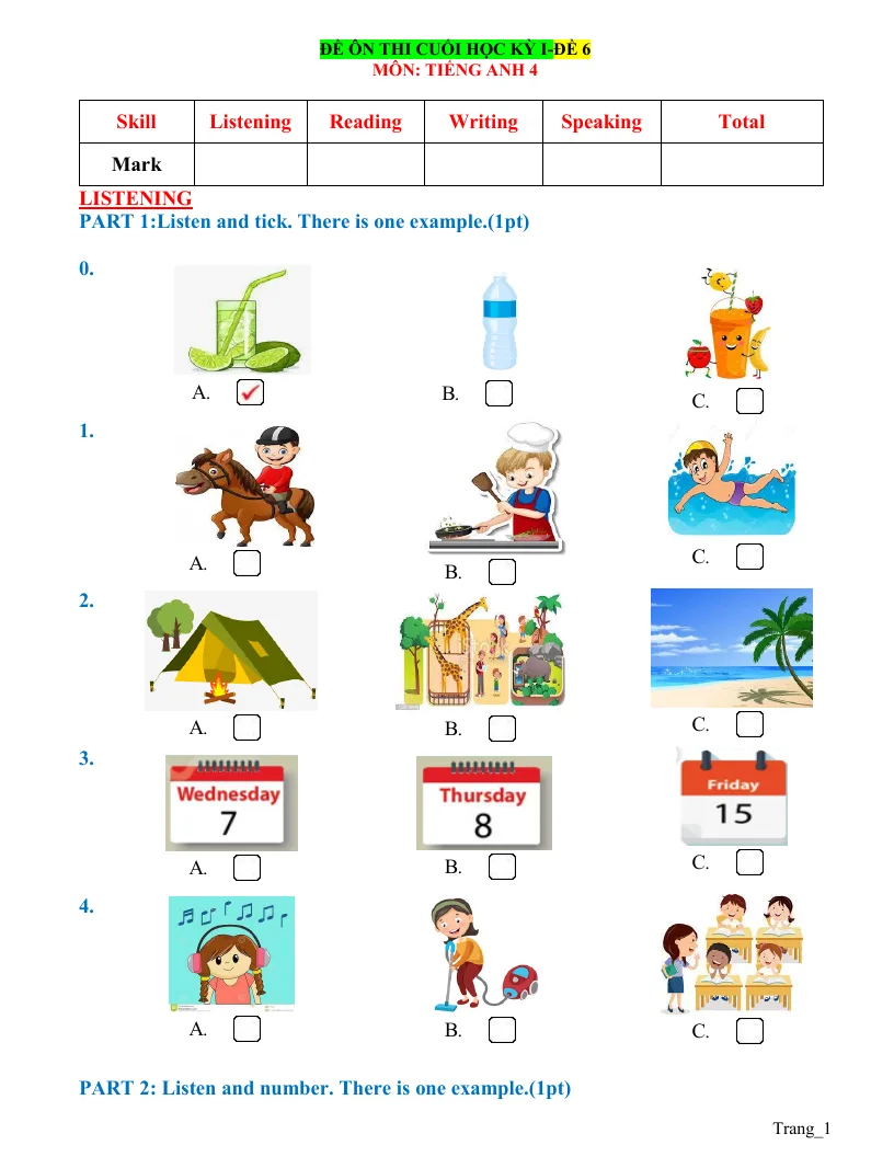 Đề Ôn Tập HK1 Tiếng Anh 4 Global Có Đáp Án Và File Nghe - Đề 6
