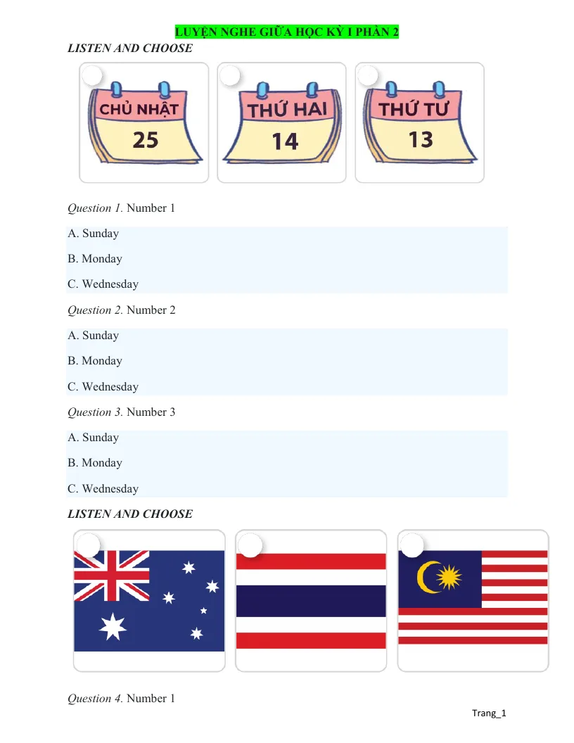 Luyện Nghe Tiếng Anh 4 Global Giữa Học Kỳ 1 Phần 2