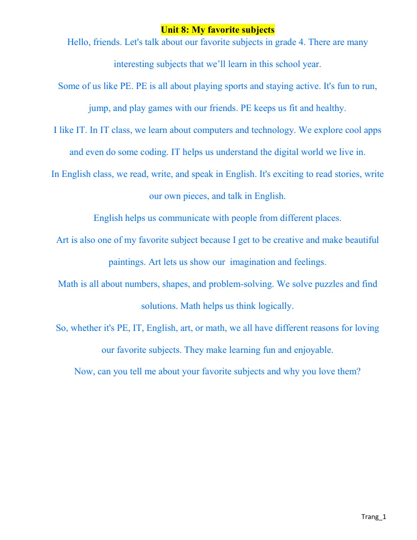 Bài Thuyết Trình Tiếng Anh 4 Global Unit 8 My Favorite Subjects Có File Nghe