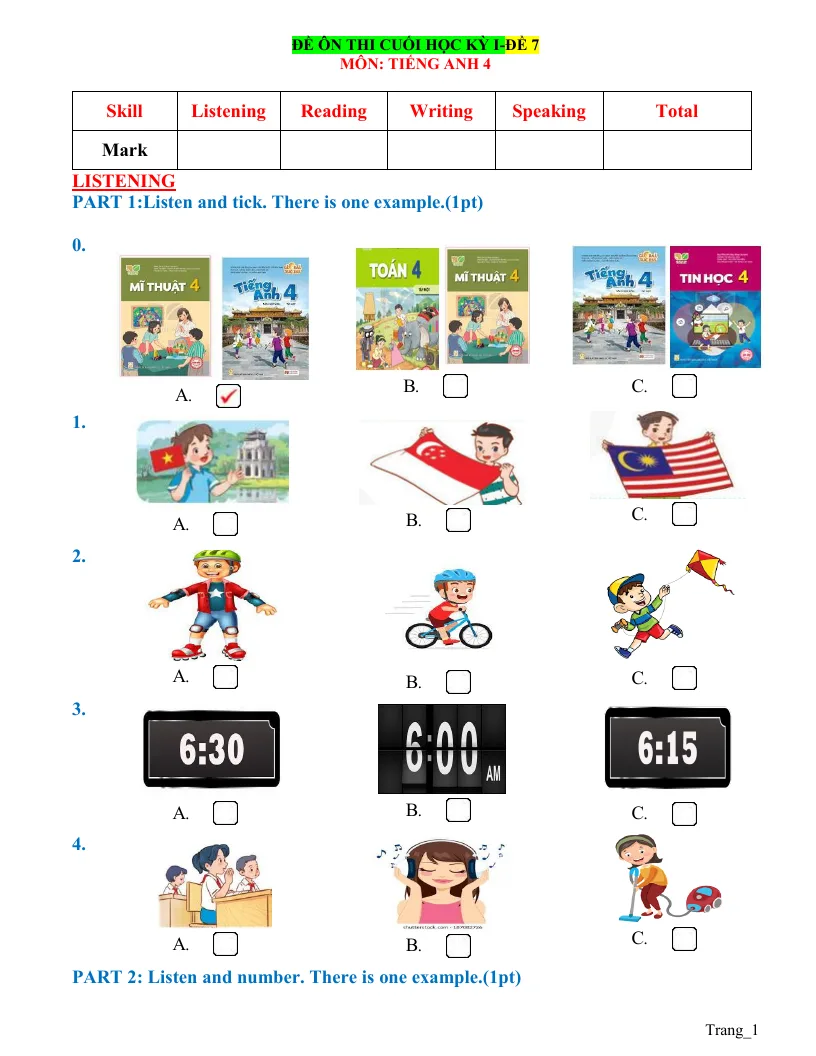 Đề Ôn Tập HK 1 Tiếng Anh 4 Global Có Đáp Án Và File Nghe - Đề 7