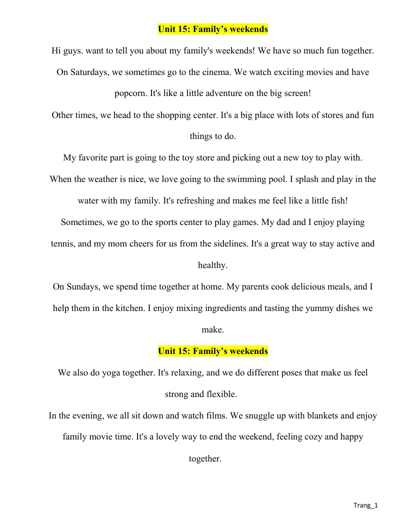 Bài Thuyết Trình Tiếng Anh 4 Global Unit 15 Family’s Weekends Có File Nghe
