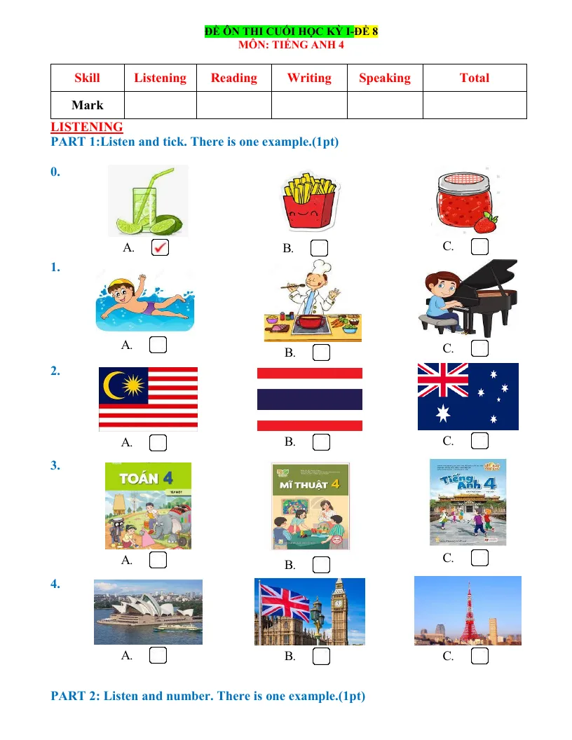 Đề Ôn Tập HK 1 Anh 4 Global Có Đáp Án Và File Nghe - Đề 8