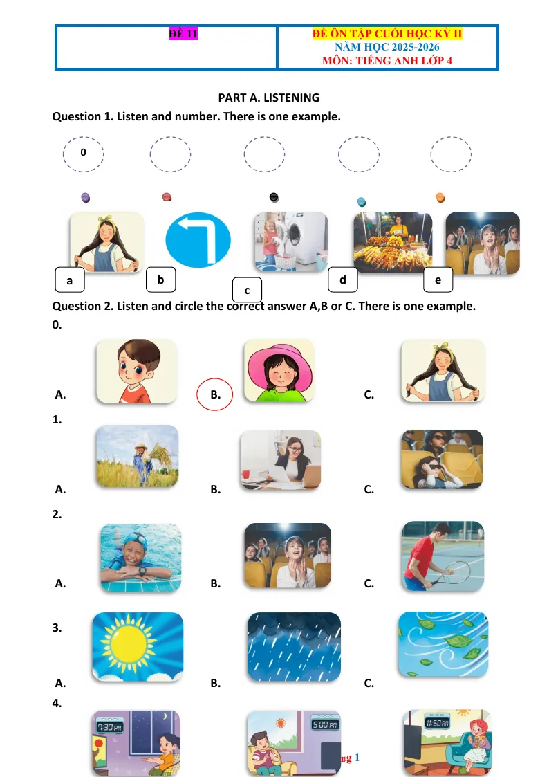 Đề Ôn Học Kỳ 2 Anh 4 2025 - 2026 Có File Nghe - Đề 11
