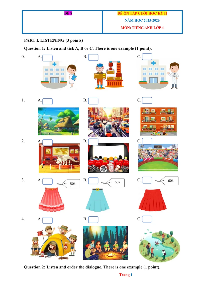 Đề Ôn tập HK2 Anh 4 2025 - 2026 Có Đáp Án File Nghe - Đề 8