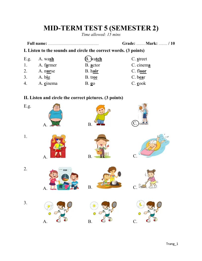 Đề Kiểm Tra Giữa HK 2 Tiếng Anh 4 Global Có Đáp Án Và File Nghe - Đề 5