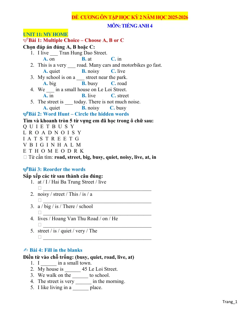 Đề Cương Ôn Tập HK2 Tiếng Anh Lớp 4 Năm Học 2025 - 2026