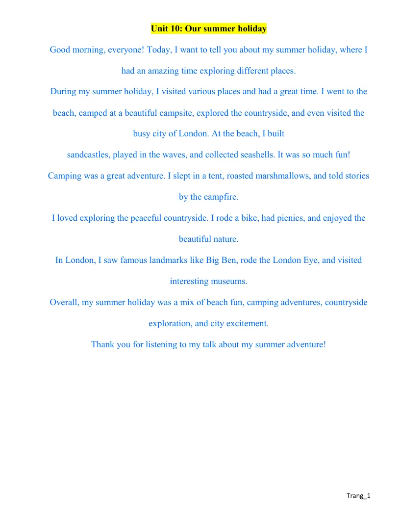 Bài Thuyết Trình Tiếng Anh 4 Global Unit 10 Our Summer Holiday Có File Nghe