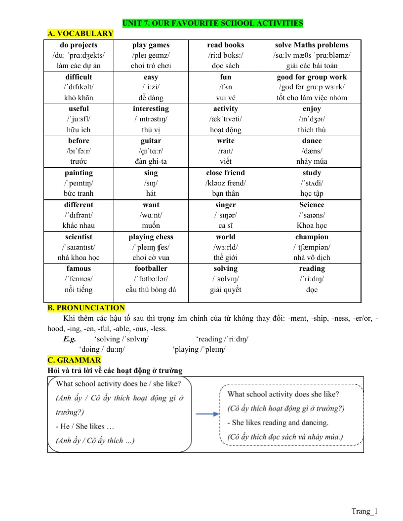 Bài Tập Bổ Trợ Tiếng Anh 5 Global Unit 7 Our Favourite School Activities