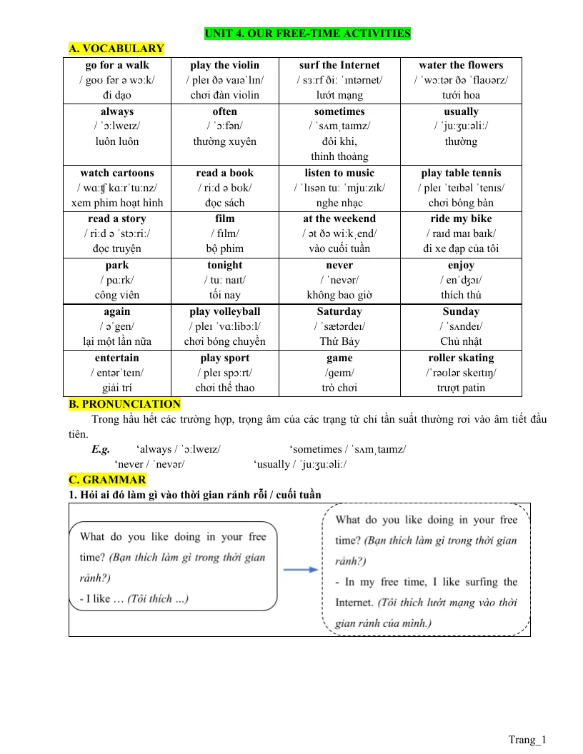 Bài Tập Bổ Trợ Tiếng Anh 5 Global Unit 4 Our Free - Time Activities