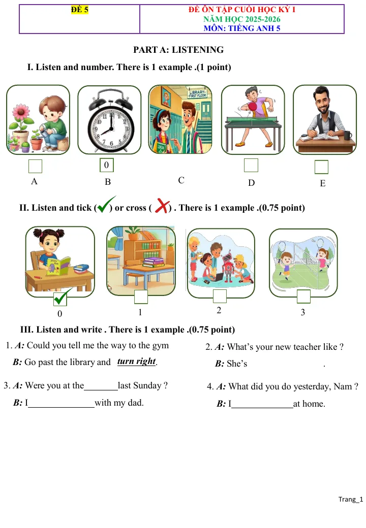 Đề Ôn Tập Kỳ 1 Tiếng Anh 5 2025 - 2026 Có Đáp Án File Nghe - Đề 5