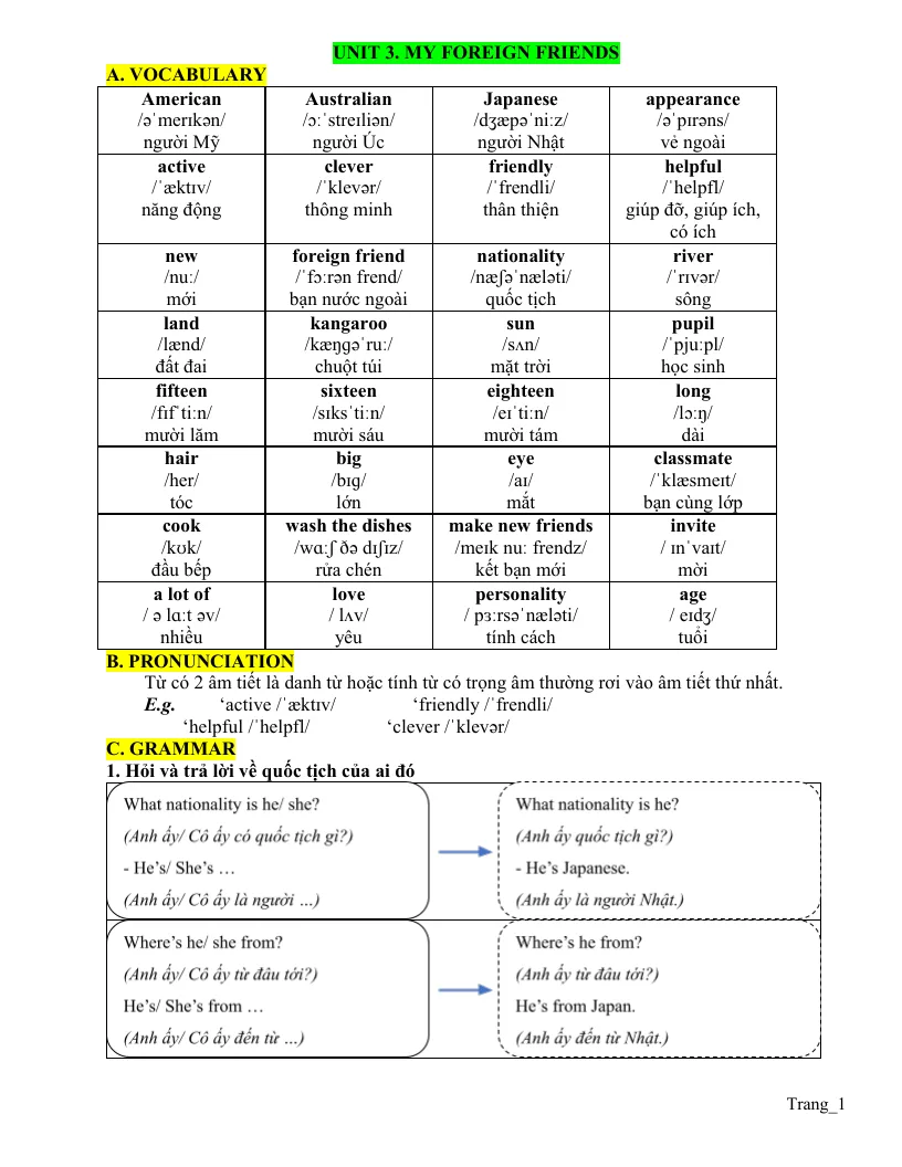 Bài Tập Bổ Trợ Tiếng Anh 5 Global Unit 3 My Foreign Friends