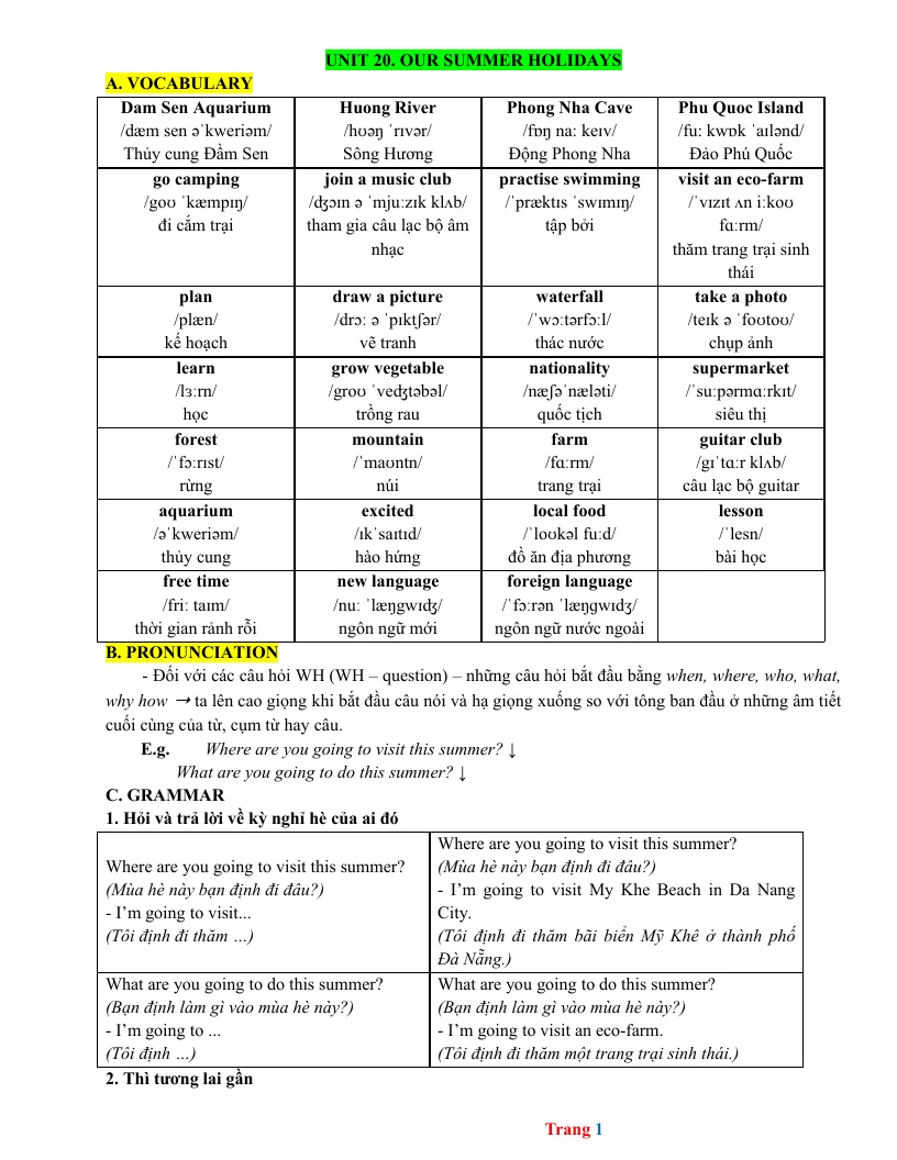 Bài Tập Bổ Trợ Anh 5 Global Unit 20 Our Summer Holidays