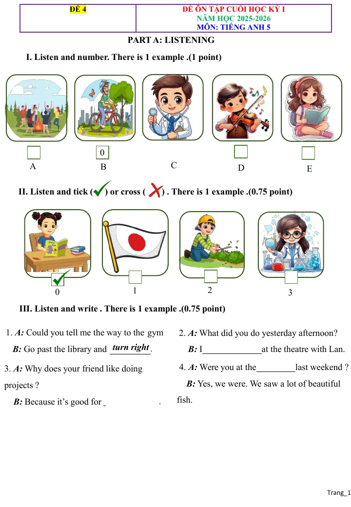 Đề Ôn Tập Học Kỳ 1 Tiếng Anh 5 2025 - 2026 Có Đáp Án File Nghe - Đề 4
