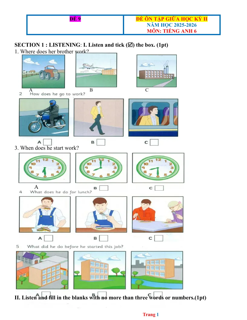 Đề Ôn Tập Giữa Kỳ 2 Anh 6 2025 - 2026 Có Đáp Án File Nghe - Đề 9