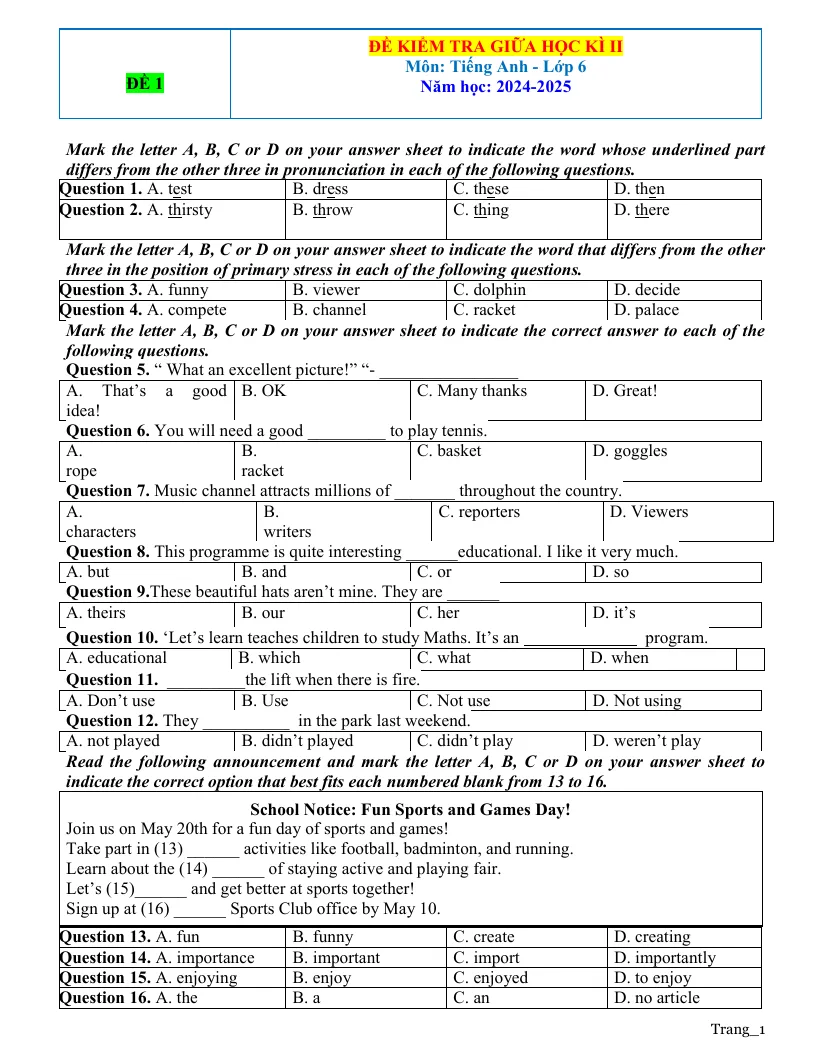 Bộ Đề Kiểm Tra Giữa Kỳ 2 Tiếng Anh 6 Form Mới 2025