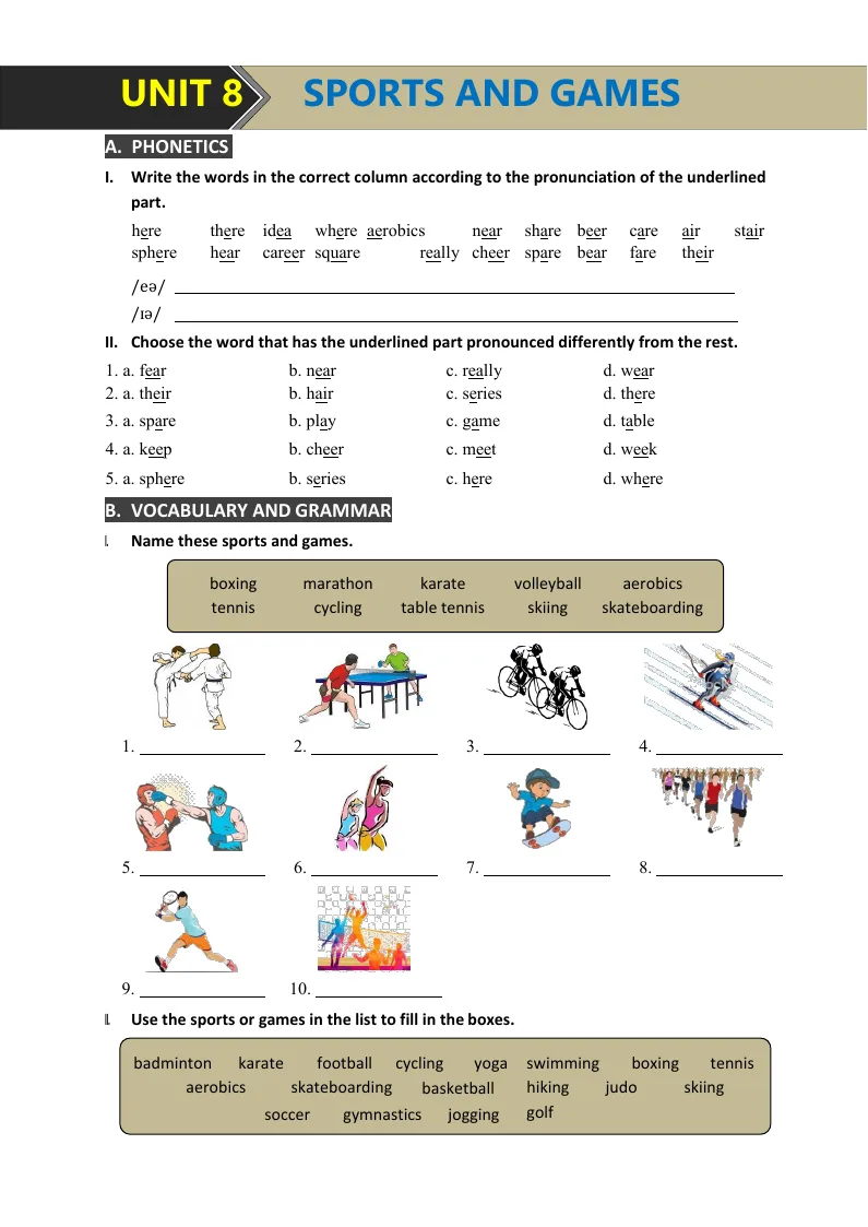 Bài Tập Tiếng Anh 6 Chương Trình Mới Bài 8: Sports And Games Có Đáp Án - Mai Lan Hương - Hà Thanh Uyên