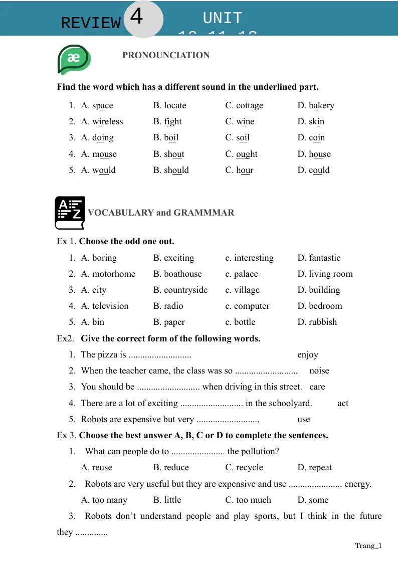 Bài Tập Tiếng Anh 6 Review 4 Unit 10 11 12 Có File Nghe Và