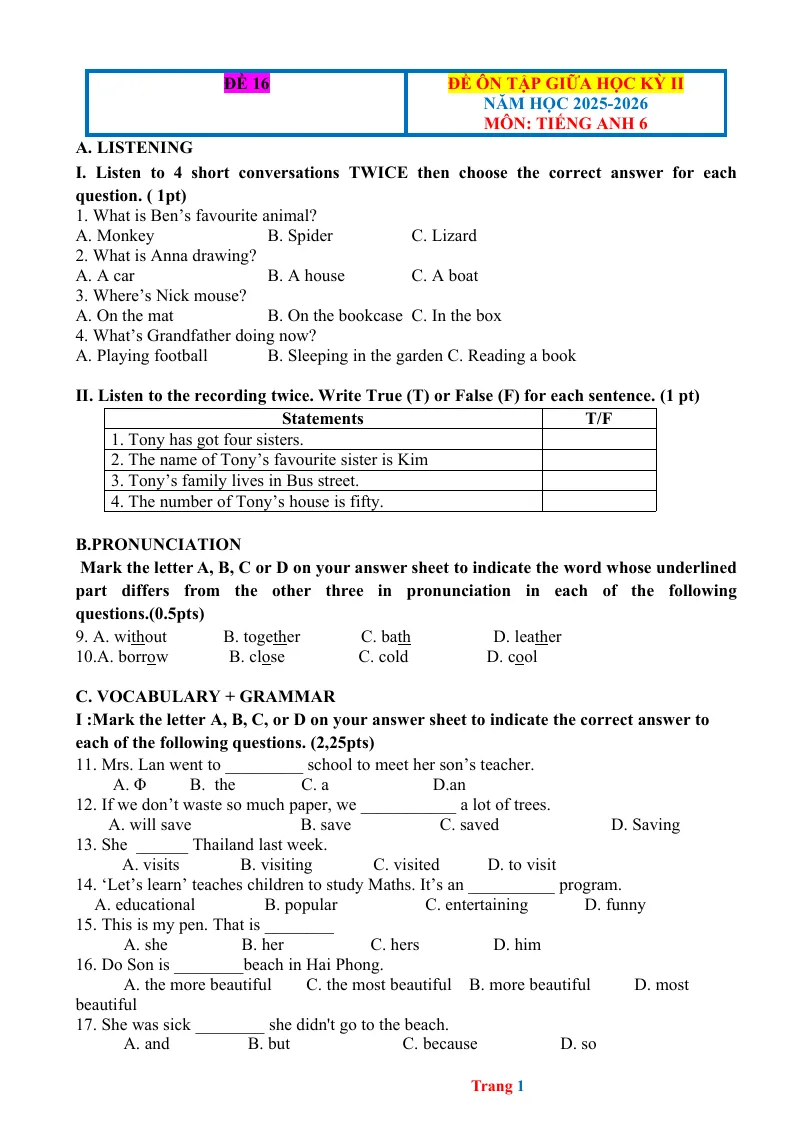 Đề Ôn Giữa Kỳ 2 Anh 6 2025 - 2026 Có Đáp Án File Nghe - Đề 16