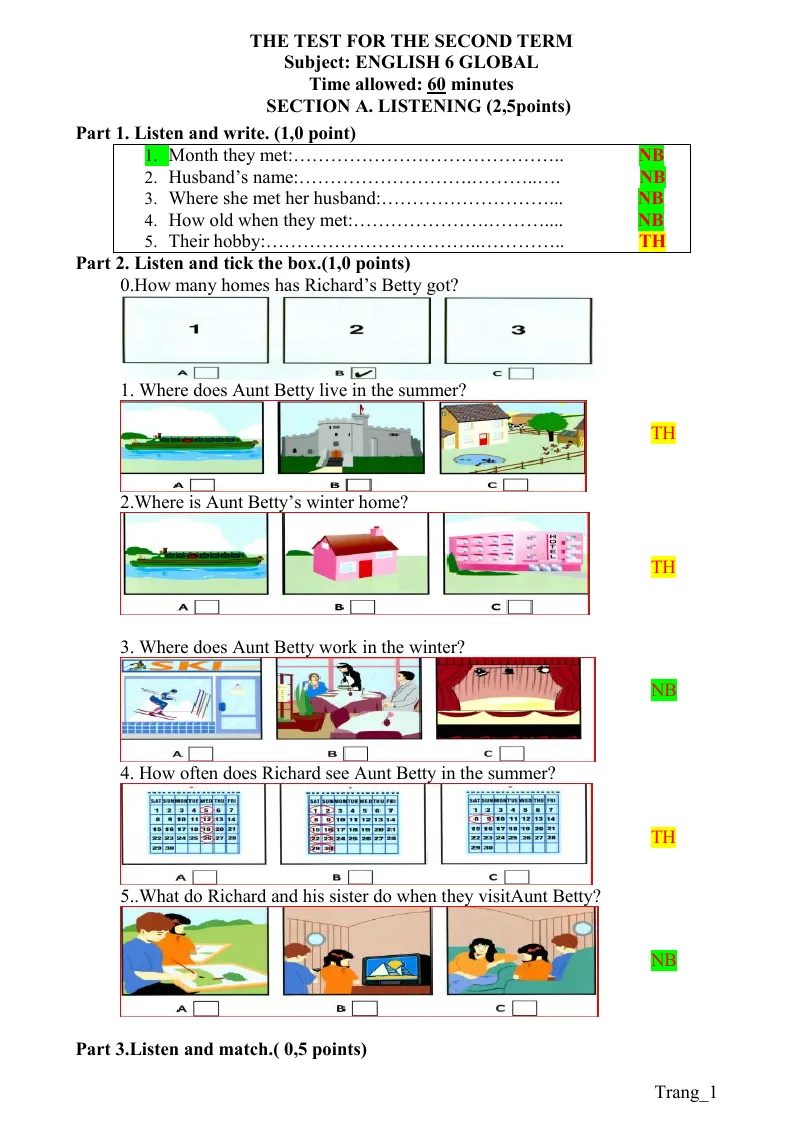 Đề Thi Học Kỳ 2 Tiếng Anh 6 Global Có Đáp Án Và File Nghe - Đề 1