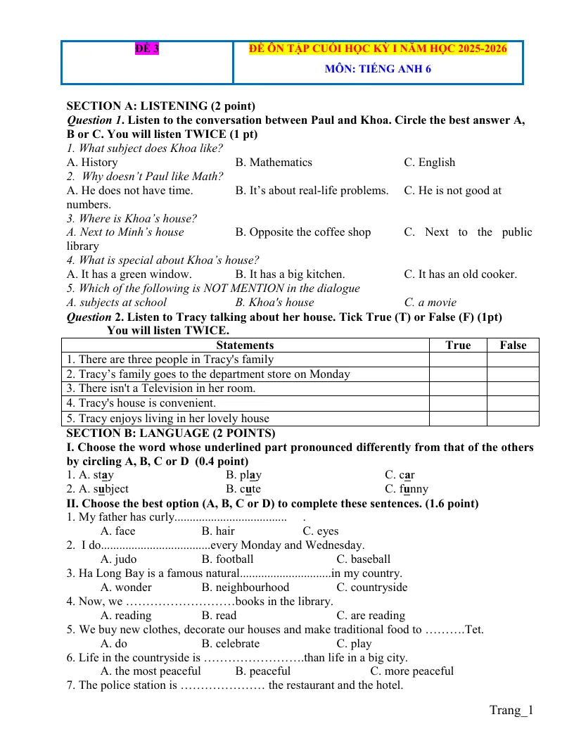 Đề Ôn Tập Học Kỳ 1 Anh 6 2025 - 2026 Có Đáp Án File Nghe - Đề 3