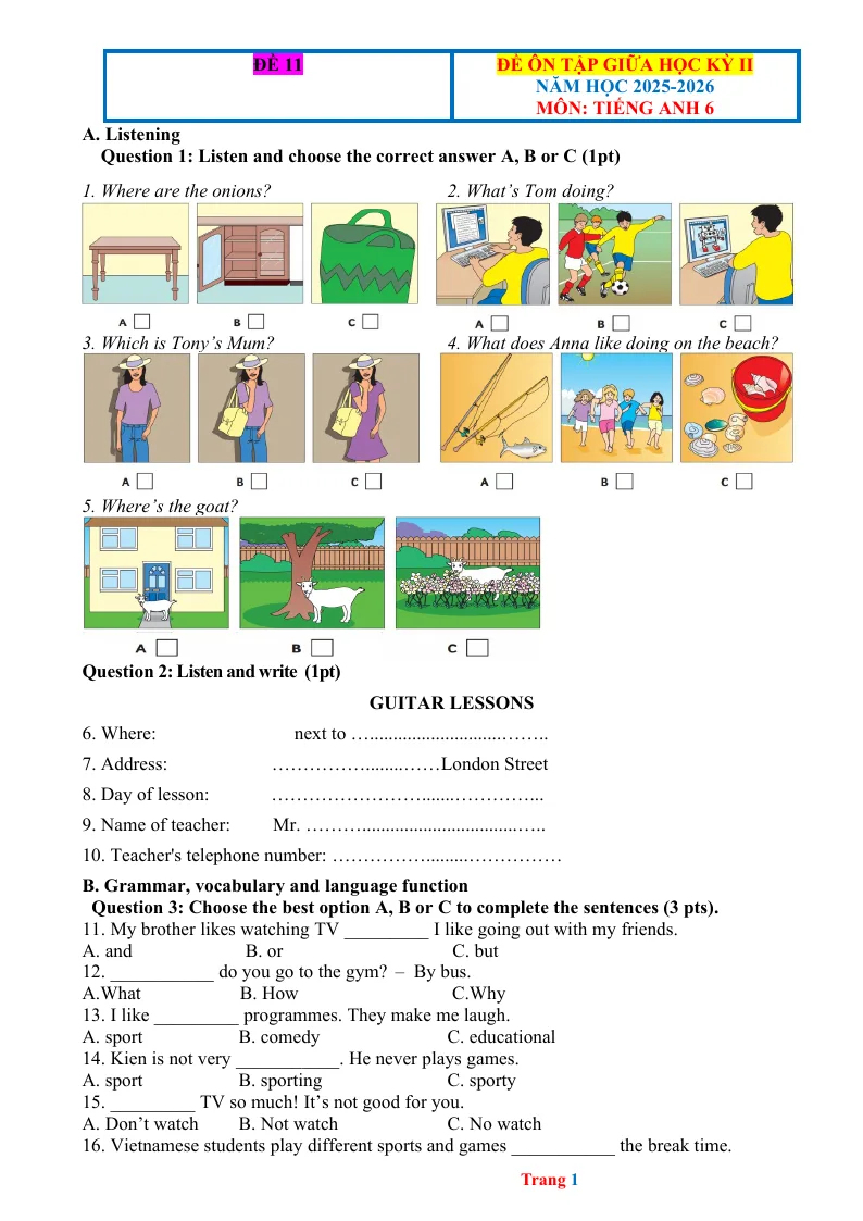 Đề Ôn Giữa Kỳ 2 Anh 6 2025 - 2026 Có Đáp Án File Nghe - Đề 11