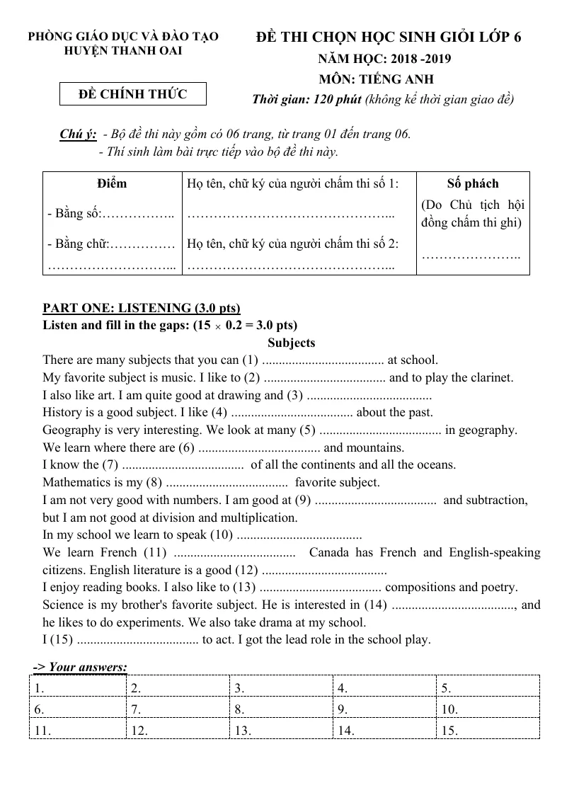 Đề Thi Chọn HSG Tiếng Anh 6 Huyện Thanh Oai 2018 - 2019 Có Đáp Án Và File Nghe - Đề 15