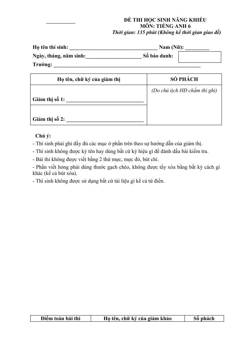 Đề Thi Năng Khiếu Tiếng Anh 6 Có Đáp Án Và File Nghe - Đề 3