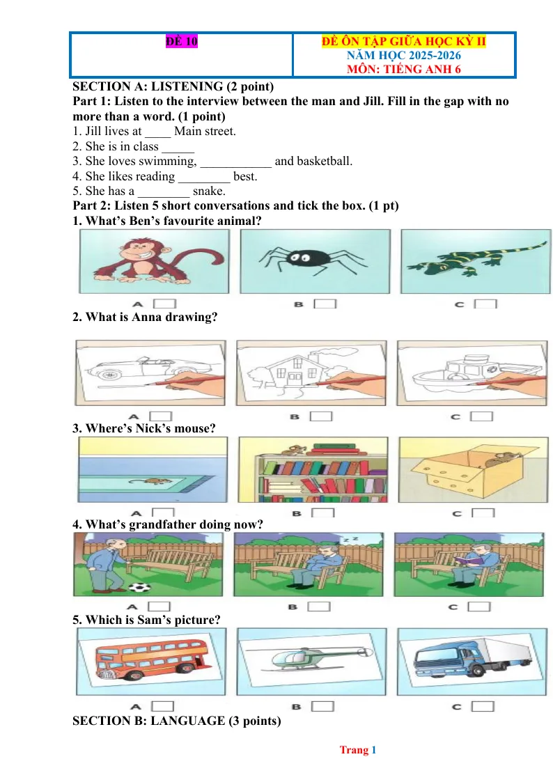 Đề Ôn Giữa Kỳ 2 Anh 6 2025 - 2026 Có Đáp Án File Nghe - Đề 10