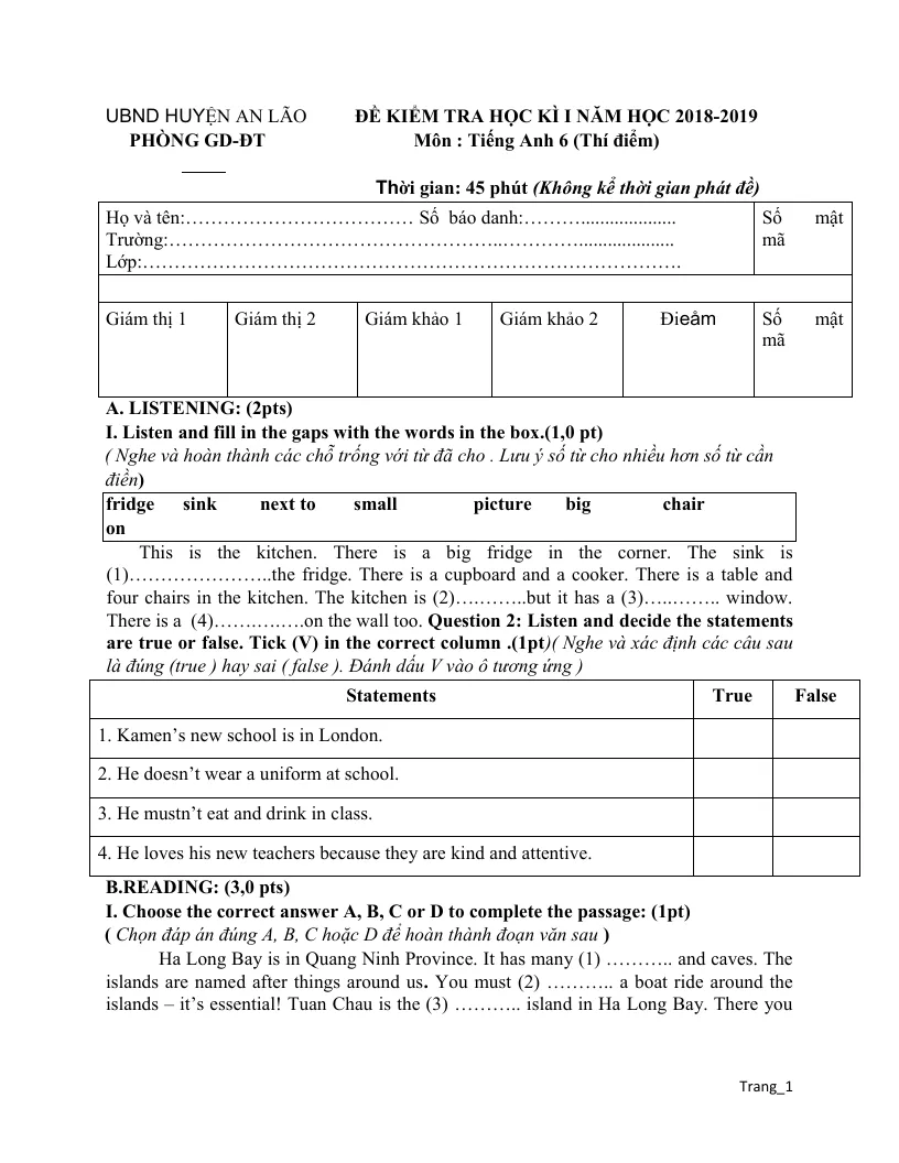 10 Đề Thi Học Kỳ 1 Tiếng Anh 6