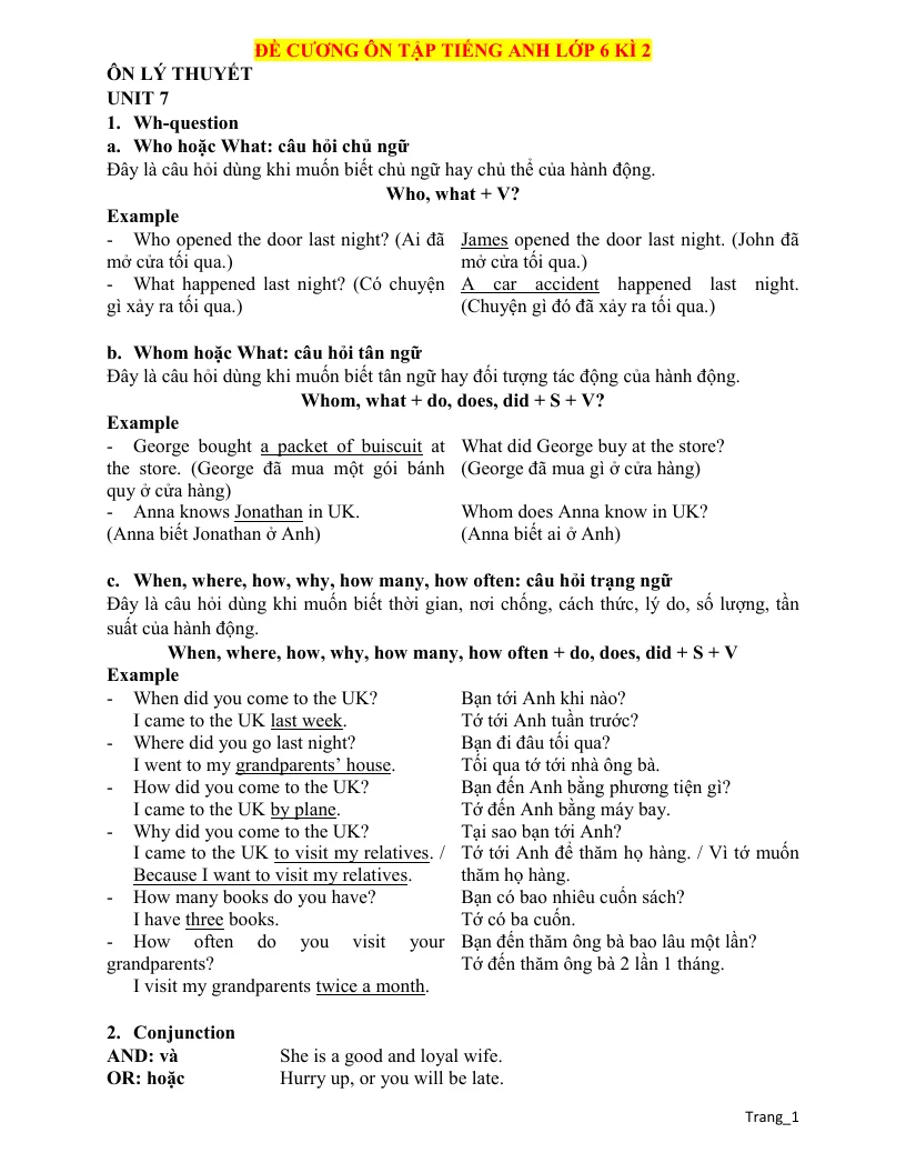 Đề Cương Ôn Tập Cuối HK2 Anh 6 2024 - 2025