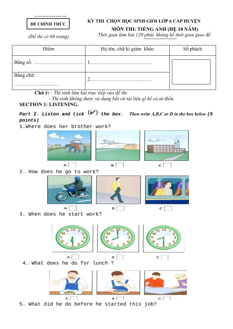 Đề Thi Chọn Học Sinh Giỏi Tiếng Anh 6 - Hệ 10 Năm Cấp Huyện Có Đáp Án Và File Nghe - Đề 9