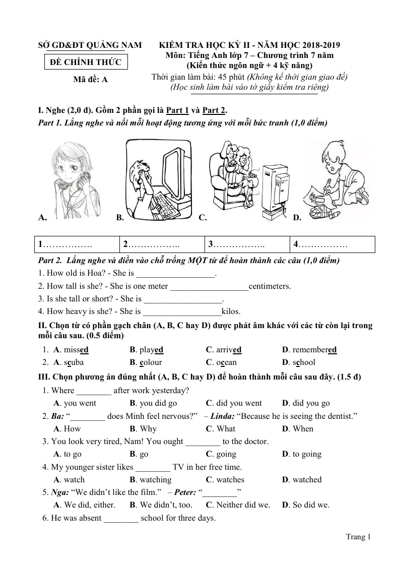Đề Thi Học Kỳ 2 Tiếng Anh 7 (4 Kỹ Năng) Quảng Nam 2018 - 2019