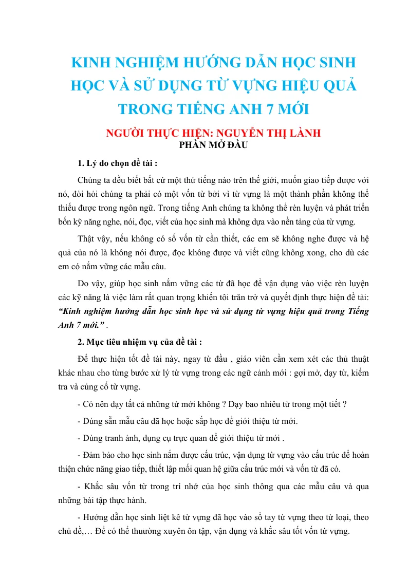 Kinh Nghiệm Hướng Dẫn Học Sinh Sử Dụng Hiệu Quả Từ Vựng Tiếng Anh 7 Mới