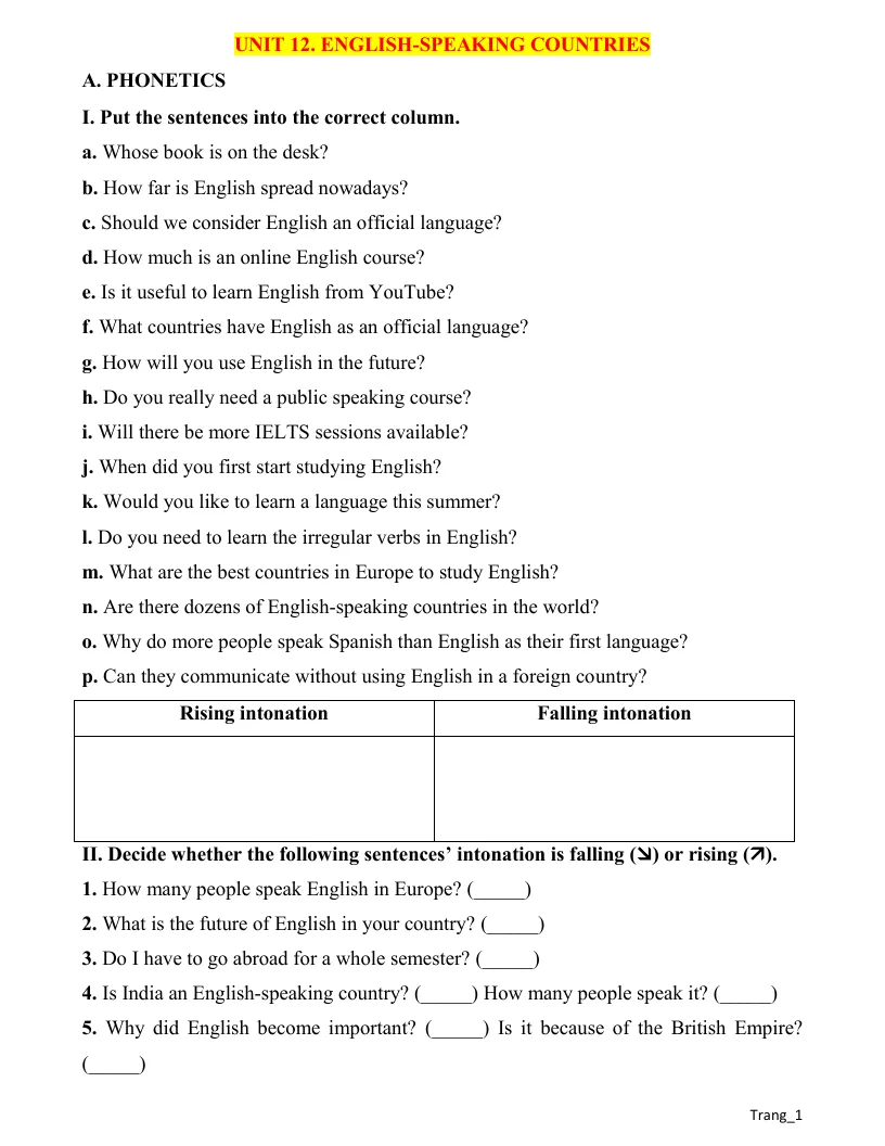 Bài Tập Thực Hành Tiếng Anh 7 Unit 12 English - Speaking Countries