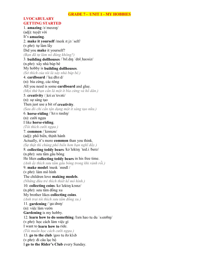 Bài Tập Bổ Trợ Tiếng Anh 7 Unit 1 My Hobbies Có File Nghe