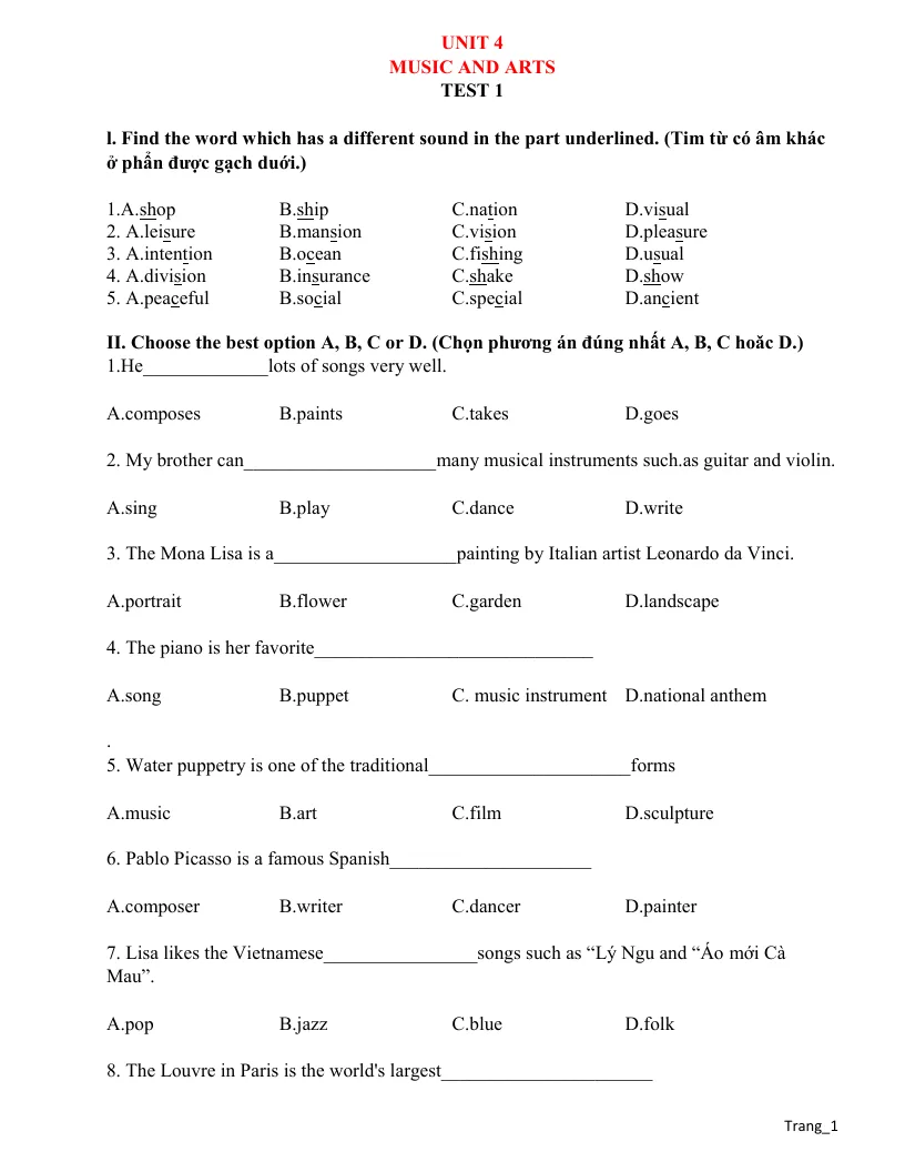 Đề Kiểm Tra Tiếng Anh 7 Unit 4 Music And Arts