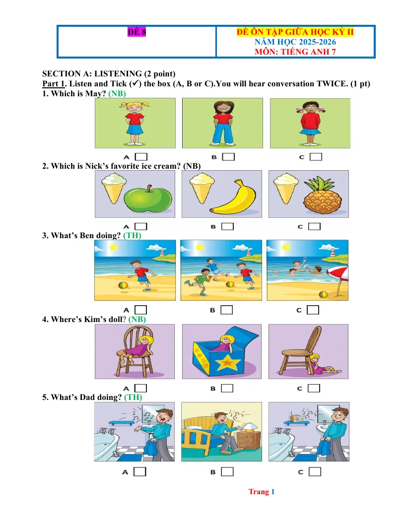 Đề Ôn Tập Giữa Kỳ 2 Anh 7 2025 - 2026 Có File Nghe Đáp Án - Đề 8