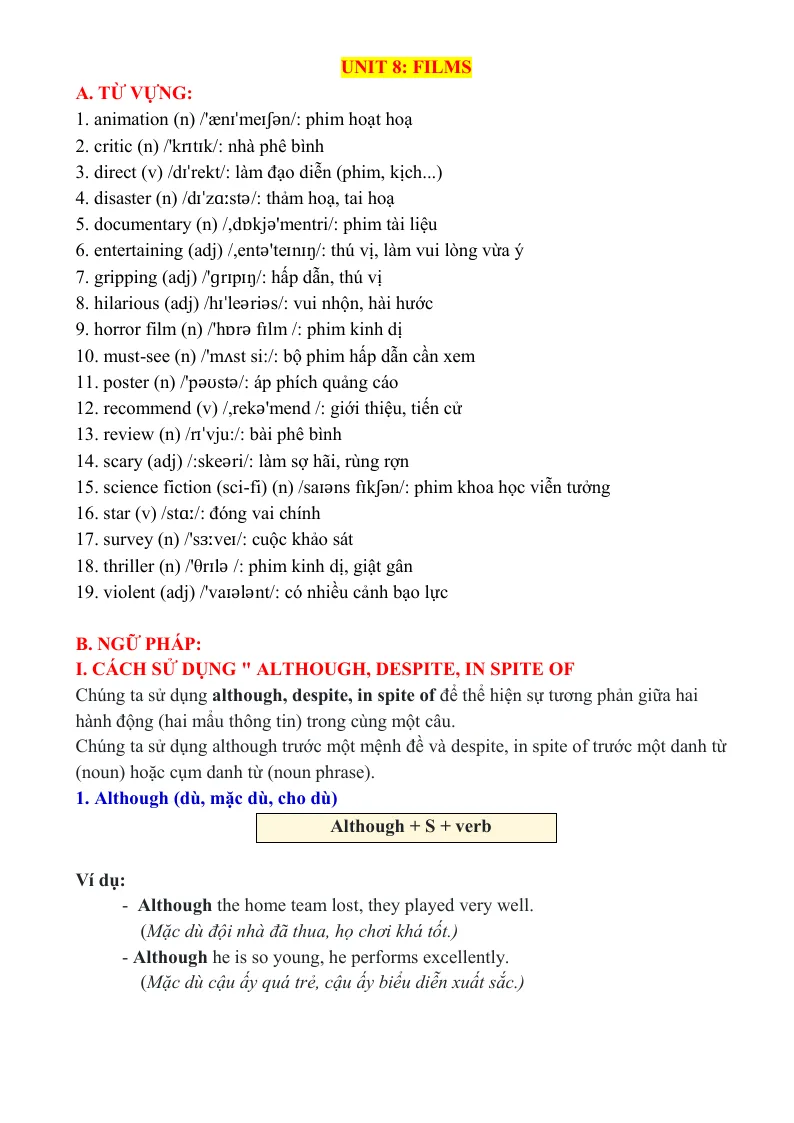 Bài Tập Thực Hành Chuyên Sâu Tiếng Anh 7 Unit 8: Films