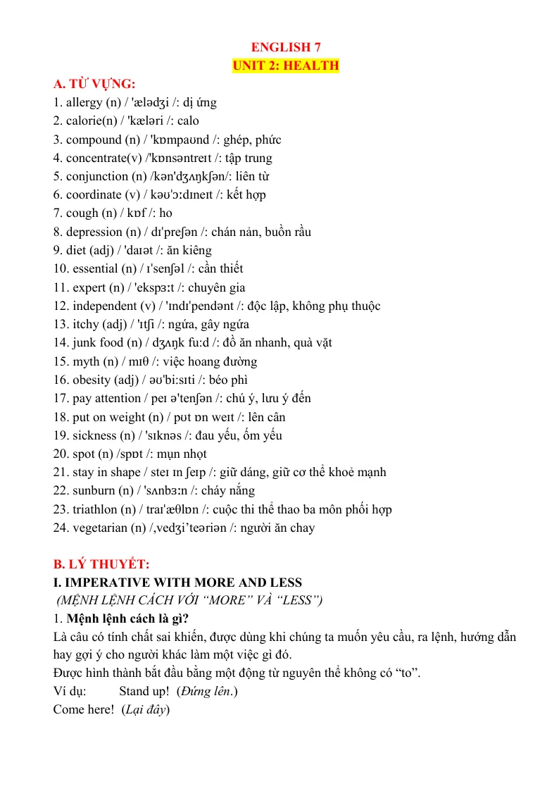 Bài Tập Thực Hành Chuyên Sâu Tiếng Anh 7 Unit 2: Health