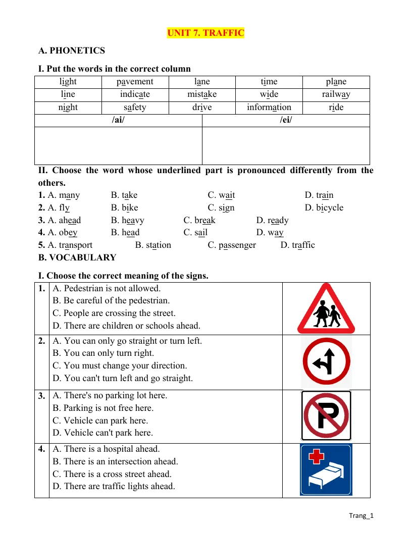 Bài Tập Thực Hành Tiếng Anh 7 Unit 7 Traffic