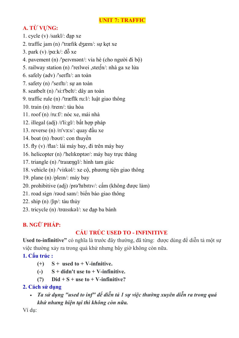 Bài Tập Thực Hành Chuyên Sâu Tiếng Anh 7 Unit 7: Traffic