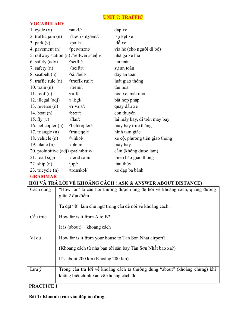 Bài Tập Bổ Trợ Tiếng Anh 7 Unit 7 Traffic Có File Nghe