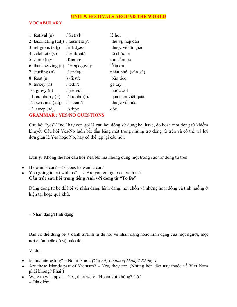 Bài Tập Bổ Trợ Tiếng Anh 7 Unit 9 Festivals Around The World Có File Nghe