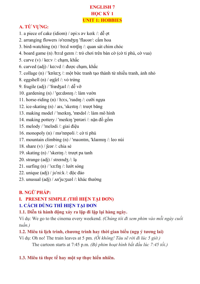 Bài Tập Thực Hành Chuyên Sâu Tiếng Anh 7 Unit 1: Hobbies